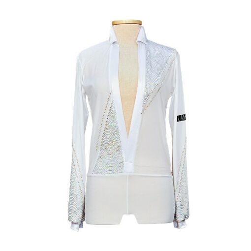 White Latin Dance Shirt for Men: Sequins & Rhinestones