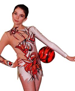Long Sleeve Gymnastics Leotard for Girls - White with Red Flowers - FlamingoSportswear|FlamingoSportswear - Long Sleeve Gymnastics Leotard for Girls - White with Red Flowers